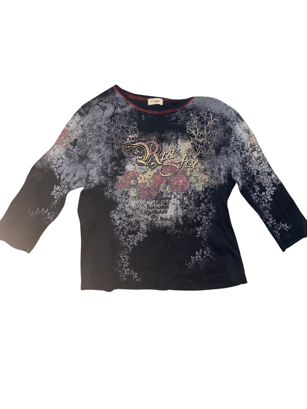 Cactus Womens Large Black Rose Floral Rhinestone Graphic 3/4 Sleeve Y2K Top